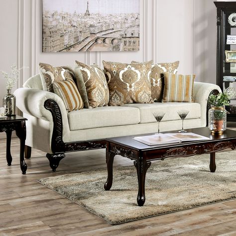 Inspire your living room design with this classic rolled arm ornate sofa. Upholstered in elegant ivory chenille to contrast with the dark ornate carved apron and arm front wood detailing. Classic Furniture Living Room, Recliner Couch, Polished Wood, Living Room Decor Traditional, Traditional Sofa, Loungers Chair, Big Sofas, Storage Furniture Bedroom, Rolled Arm Sofa