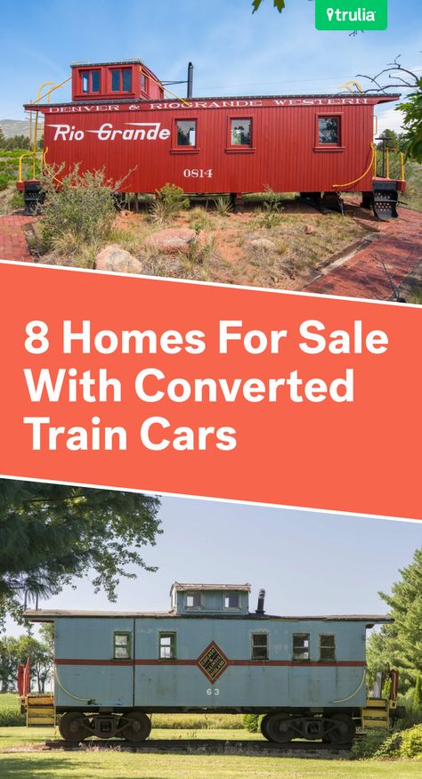 Off The Rails: 8 Homes For Sale With Converted Train Cars Converted Train Car Tiny House, Train Car Tiny House, Railroad Car House, Train Caboose House, Rail Car House, Converted Train Car, Train Car House, Caboose Cabin, Caboose House