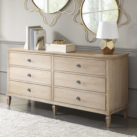 70 19 33h 0050000000 French inspired 6 drawer dresser with a wire brushed natural finish with grey highlights. Assembly required. Apartment Furnishing, Natural Dressers, Light Wood Dresser, French Inspired Furniture, Grey Highlights, Console Cabinet, Bedroom Farmhouse, Bedroom Dresser, Ideas Hogar