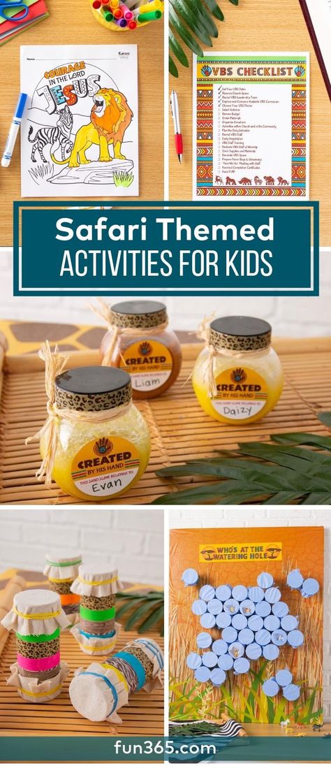 Pick your activities for VBS from our selection of safari themed crafts and games. Get the ideas right here! Safari Day Activities, Wild Animals Preschool Activities Safari Theme, Safari Birthday Games Party Activities, Wild And Three Birthday Activities, Jungle Theme Vbs Crafts, Zoo Camp Activities, Safari Party Games Activities, Jungle Theme Birthday Party Activities, Safari Party Game