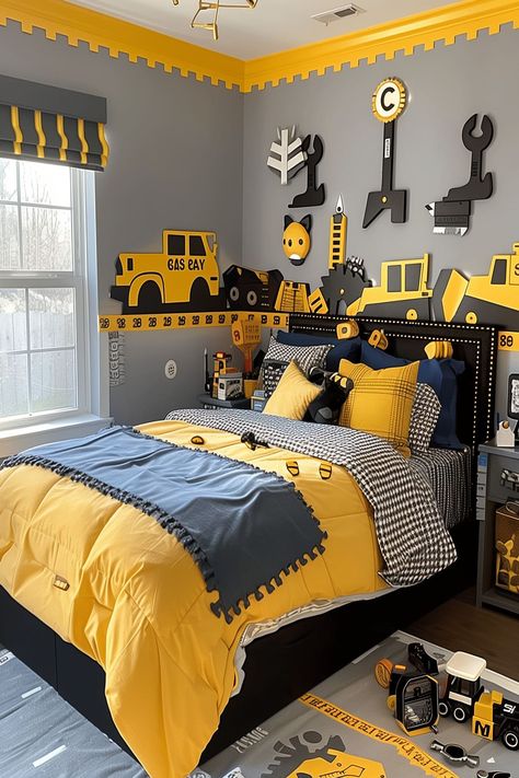 21 Creative Boys Bedroom Ideas - Remodr Boys Bedroom Construction, Construction Theme Rooms, Construction Theme Bedroom, Boys Construction Room, Boys Bedroom Ideas, Cool Bedrooms For Boys, Construction Bedroom