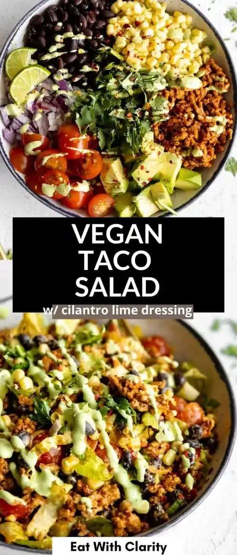 This simple vegan taco salad is fresh, easy to make, packed with protein from black beans and vegan taco meat. With tomatoes, corn and creamy avocado. This vegan salad is healthy and topped with a cilantro lime vinaigrette dressing. Fresco, Simple Vegan Salad, Lime Vinaigrette Dressing, Vegetarian Taco Salad, Vegan Taco Meat, Cashew Dressing, Vegan Taco Salad, Taco Salat, Cilantro Lime Vinaigrette