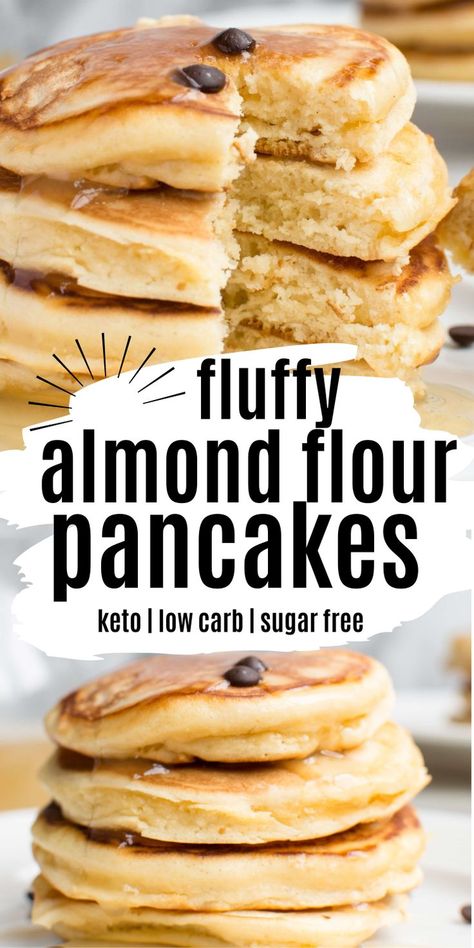 Text reads fluffy almond flour pancakes Keto Pancakes Almond Flour, Pancakes Almond Flour, Keto Bread Machine Recipe, Almond Meal Pancakes, Keto Pancake Recipe, Keto Cream Cheese Pancakes, Sugar Free Pancakes, Almond Flour Pancake Recipe, Best Keto Pancakes