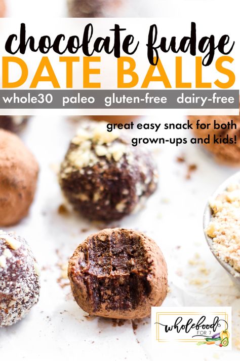 Chocolate Fudge Date Balls - WholeFoodFor7 Essen, Whole30 Chocolate, Egg Free Snacks, Whole 30 Dessert, Whole 30 Snacks, Date Balls, Date Recipes, Easy Snack, Paleo Snacks