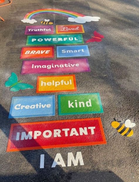 School Environment Ideas, Kindness Murals For School, Elementary School Playground Ideas, Elementary School Murals Hallways, School Playground Ideas, Primary School Playground, Welcome School, School Values, Elementary School Playground