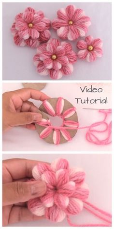 Cardboard Tutorial, Diy Embroidery Thread, Corak Krusye, Embroidery Yarn, Diy Flores, Fleurs Diy, Yarn Flowers, Diy Yarn Crafts, Pom Pom Crafts