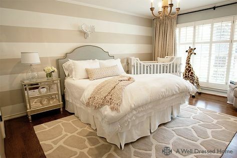 From google...nursery with queen bed Transitional Nursery, Striped Nursery, Nursery Nook, Nursery Guest Room, Apartment Walls, Parents Room, Giraffe Nursery, Striped Walls, Shared Room