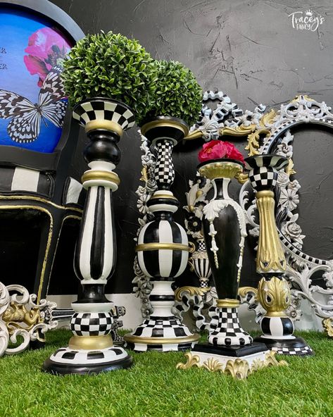 Black and White Check Candlestick Makeover Upcycling, Candlestick Makeover, Mackenzie Childs Diy, Whimsical Home Decor, Painted Candlesticks, Traditional Holiday Decor, Mackenzie Childs Inspired, Mckenzie And Childs, Whimsical Furniture