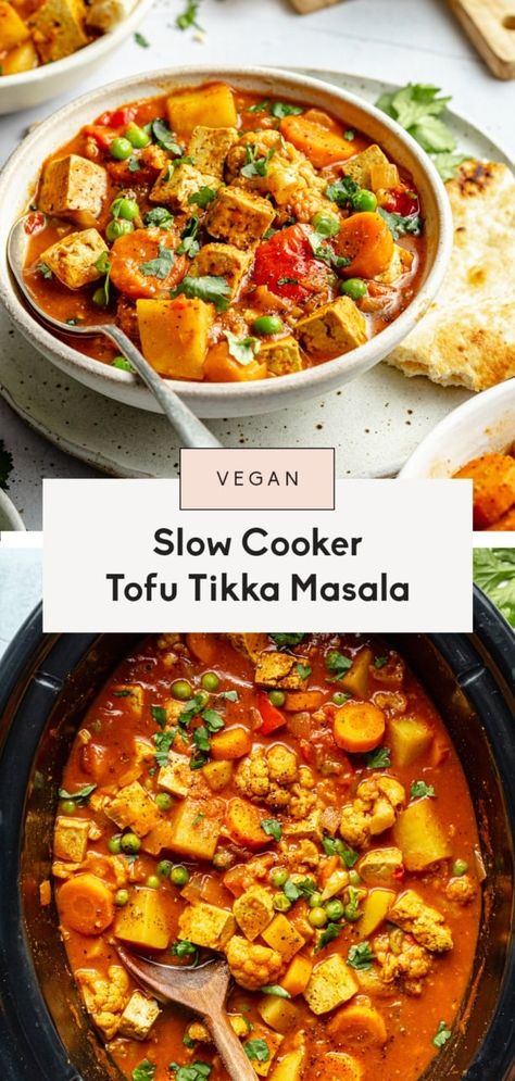 This unbelievably nourishing vegan tikka masala recipe is packed with veggies and plenty of protein from tofu! It's a great recipe for crowds or to make for meal prep and is delicious with a side of naan bread for dipping. Use your slow cooker for an easy meal with little cleanup! Slow Cooker Tofu, Slow Cooker Tikka Masala, Bread For Dipping, Vegan Tikka Masala, Vegan Slow Cooker Recipes, Vegetarian Slow Cooker Recipes, Vegan Crockpot Recipes, Vegan Crockpot, Tofu Curry