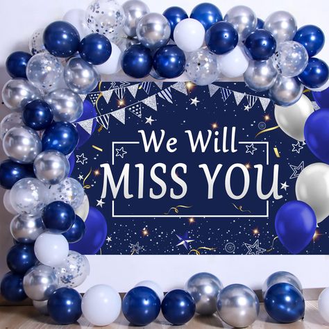 PRICES MAY VARY. 🎉 Extra Size We Will Miss You Decorations -- Want to show how much you value someone? Send them off with a going away party event where people laugh out loud together! We Will Miss You backdrop banner is 180 x 110 cm / 70.87 x 43.31 inches, it's eye-catching and large enough to use as your farewell party decorations and photography background, adding an extra touch to the going away party. 🍻 Men's Goodbye Party Decorations Navy Blue Silver White -- Our going away party banner Balloon Decorations For Farewell Party, Balloon Decorations For Retirement Party, Farewell Room Decoration Ideas, Birthday Decoration For Office, Decoration Farewell Party, We Will Miss You Decorations, Simple Farewell Decoration, Decorations For Farewell Party Ideas, Decoration Ideas For Farewell Party In School