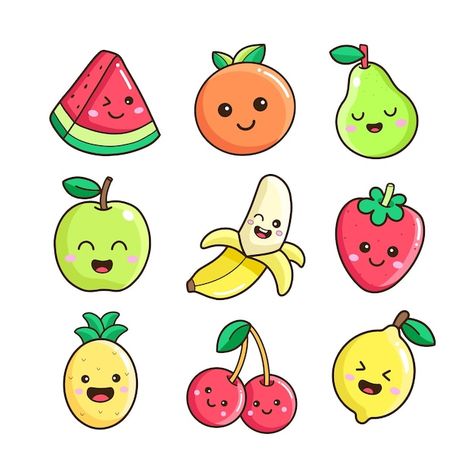 Fruits Doodle Drawings, Watermelon Cartoon Drawing, Cute Veggie Drawings, Doodle Art Fruit, Cute Cartoon Fruit, Cute Drawings Of Fruit, Fruit Cartoon Illustrations, Kawaii Fruits Illustration, Fruit Cute Drawing