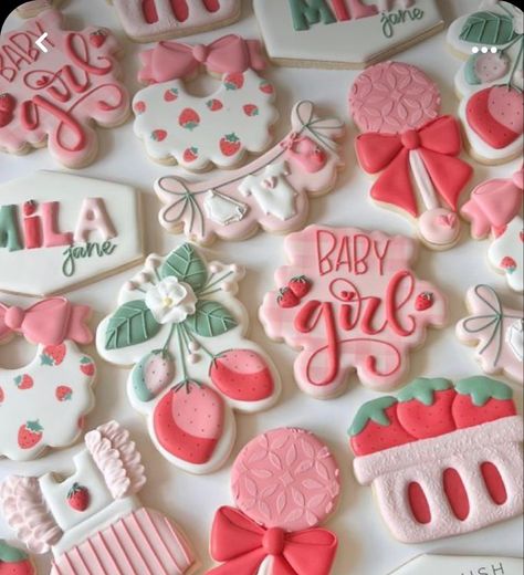 Baby Girl Shower Ideas Summer, Berry Cute Baby Shower Ideas, Berry Sweet Baby Shower Cookies, Strawberry Baby Shower Theme Decoration, Strawberry Theme Baby Shower Cake, Berry Sweet Baby Shower Theme Decor, Berry Theme Baby Shower Ideas, A Berry Sweet Baby Shower Theme, Surprise Baby Shower Ideas