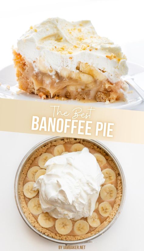 Two images, one is of a slice of banoffee pie on a white plate.   The second is an overhead image of the pie before spreading out the whipped topping. Cinnamon Treats, Easy Banoffee Pie, Banoffee Pie Recipe, Banana Cream Pie Recipe, Creamy Pie, Banana Dessert Recipes, Too Much Sugar, Eating Too Much, Good Pie