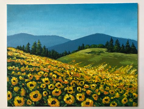 Acrylic painting on canvas of flower field Field With Flowers Drawing, Sunflower Meadow Painting, Rose Field Drawing, Landscape Drawing Acrylic, How To Draw A Flower Field, Flower Field Landscape Painting, Acrylic Flower Field Painting, Sunflower Fields Painting, Field Of Sunflowers Drawing