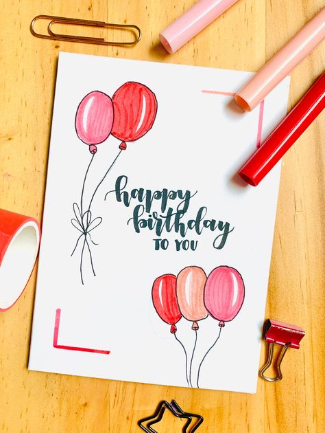 red balloon birthday card (with envelope!) Red Birthday Card Ideas, B'day Card Ideas, Doodles For Birthday Cards, Birthday Crafts For Sister, Things To Draw On Birthday Cards, What To Say In Birthday Cards, Hbd Card Ideas, Preppy Card Ideas, Birthday Card Fonts