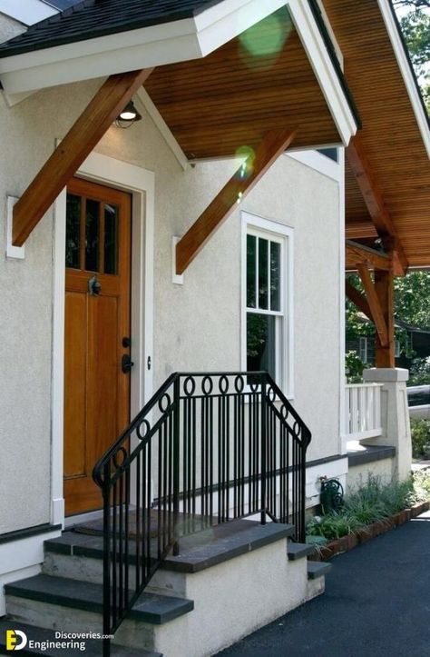 35 Beautiful Front Door Overhang Designs Ideas To Make Your Home Elegant | Engineering Discoveries Front Door Overhang, Porch Overhang, Awning Ideas, Stair Wall Decor, Front Door Awning, Door Overhang, Front Door Steps, Door Awning, Window Canopy