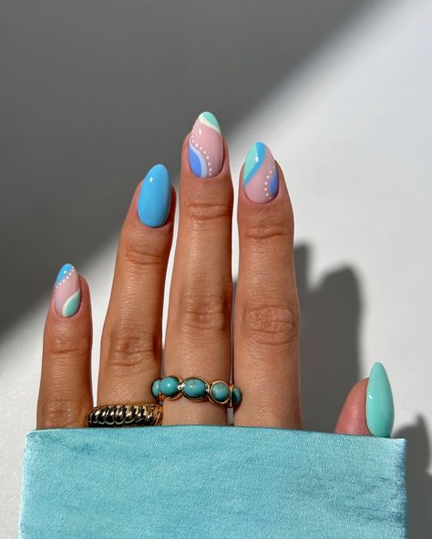 summer turquoise swirls 🩵🦋🐬🫐 rings from @luvaj - linked in my bio ✨ #nails #nailinspo #nailart #naildesign #turquoisenails #summernails Almond Blue Swirl Nails, Nail Inspo Almond Back To School, Fun Summer Nails Square, Bio Nails, Cruise Nails, Beachy Nails, August Nails, Teal Nails, Turquoise Nails