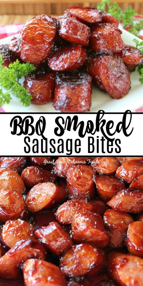 Bbq Smoked Sausage Bites, Smoked Sausage Bites, Bbq Smoked Sausage, Bruschetta Board, Summer Barbecue Food, Sausage Bites, Smoked Sausage Recipes, Easy Grilling Recipes, Easy Grilling