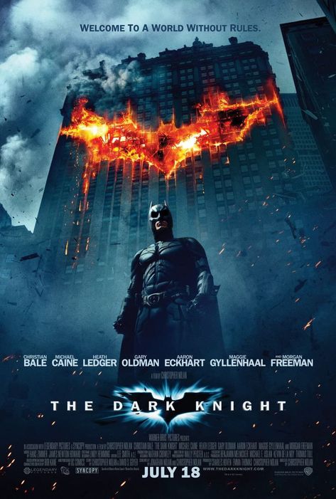 A movie poster promoting Christopher Nolan's The Dark Knight. A lot to be analyzed here in terms of contrast, proximity, color theory, etc. Robbie Coltrane, Bruce Wayne Christian Bale, The Dark Knight Poster, Batman Movie Posters, The Dark Knight 2008, Aaron Eckhart, Posters Decor, Superhero Movie, Legendary Pictures