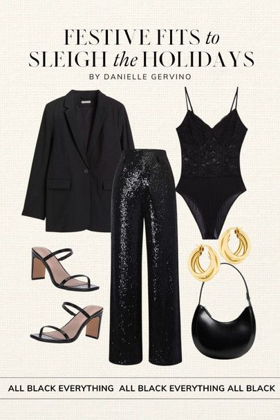 Black Pants Party Outfit Night, Black Outfits For Party Night Out, Sequin Pants And Blazer Outfit, Coctail Outfit Girl, Lace And Sequins Outfit, Sparkly Pants Outfit Nye, Black Glitter Trousers Outfit, Party Black Outfit Night, Black Shimmer Pants Outfit