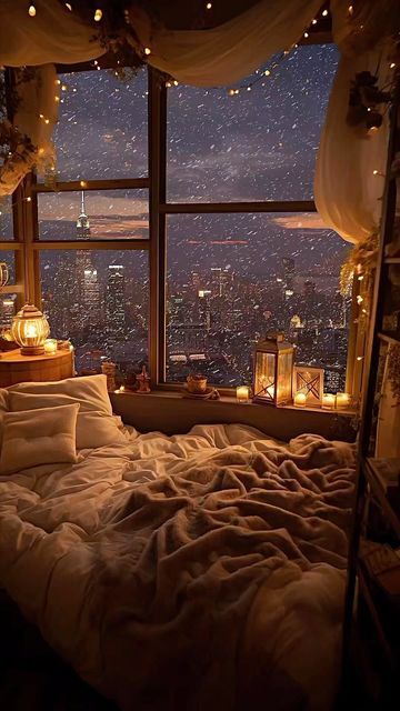 City At Night, Bedroom Decor Cozy, Cozy Room Decor, Dream House Rooms, Dreamy Room, Dream Room Inspiration, Room Makeover Bedroom, Cozy Room, Home Design Decor