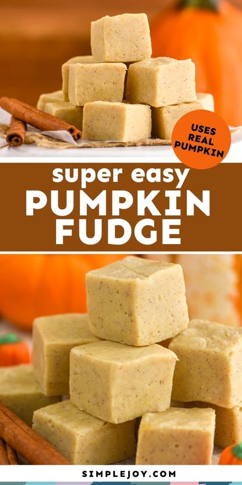 This Pumpkin Fudge recipe uses real pumpkin and a few other simple ingredients to make a melt in your mouth fudge! This is a recipe you will love year after year. White Chocolate Pumpkin Fudge, Pie, Pumpkin Pie Fudge Recipe Easy, Pumpkin Fudge With Marshmallow Fluff, Thanksgiving Fudge Ideas, Thanksgiving Easy Treats, Pumpkin Fudge Easy, Pumpkin Fudge Condensed Milk, Easy Halloween Fudge