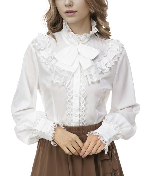 PRICES MAY VARY. [STYLE]: long sleeve ladies blouse with a unique blend of vintage, Victorian, renaissance and steampunk elements. [FEATURES]: button placket, stand-up collar design, big bow, ruffles, cute lantern sleeves, vintage lace, lovely gothic lolita style. [Material]: made of skin-friendly, breathable, lightweight, soft polyester fabric, slim fit wearing comfortable. [Occasions]: Suitable for role-playing parties, masquerade parties, Halloween themed parties, steampunk gatherings, renais Vintage Puff Sleeve Blouse, Cute Lantern, Clowncore Aesthetic, Steampunk Elements, Frilly Shirt, Victorian Shirt, Ruffled Tops, Stand Collar Blouse, Gothic Costume