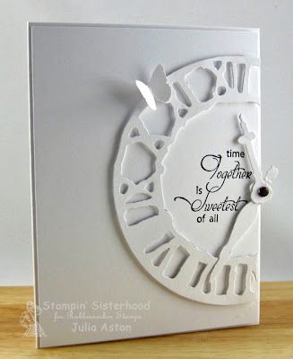 Weathered Clock die by Tim Holtz on my card - layering it on the white panel with foam tape Black And White Cards, Clock Card, Tim Holtz Cards, Engagement Card, White Cards, Die Cut Cards, White On White, Wedding Anniversary Cards, Butterfly Cards