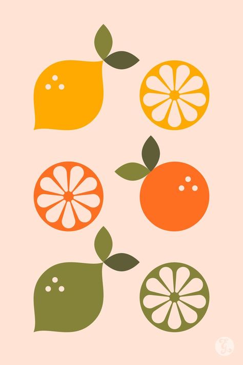 Lemon, orange, lime illustration Geometric Fruit Illustration, Lemon Graphic Illustration, Lime Illustration Graphic Design, Citrus Illustration Graphic Design, Geometric Food Illustration, Fruits Illustration Design, Summer Fruit Illustration, Orange Slice Illustration, Retro Fruit Illustration