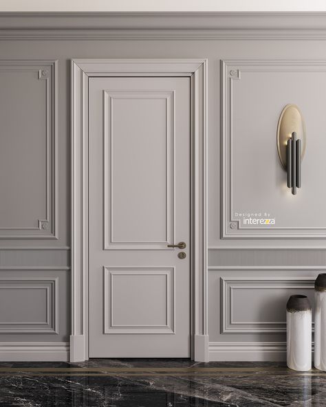 French Wainscoting Ideas, Luxurious Door Designs, Doors With Moulding, Moulding Door Design, Indoor Door Design, Doors Design Interior, Interior Door Design Ideas, Door Panelling, Classic Door Design