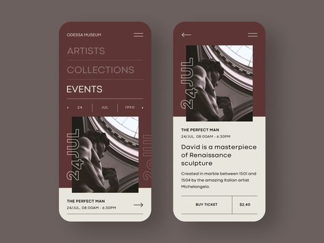 Odessa Museum by Mateusz Klein Mobile Design, Page Layout Design, Ux Design Inspiration, Ticket Design, It Solutions, Ui Design Inspiration, App Ui Design, Design Museum, Web Design Inspiration