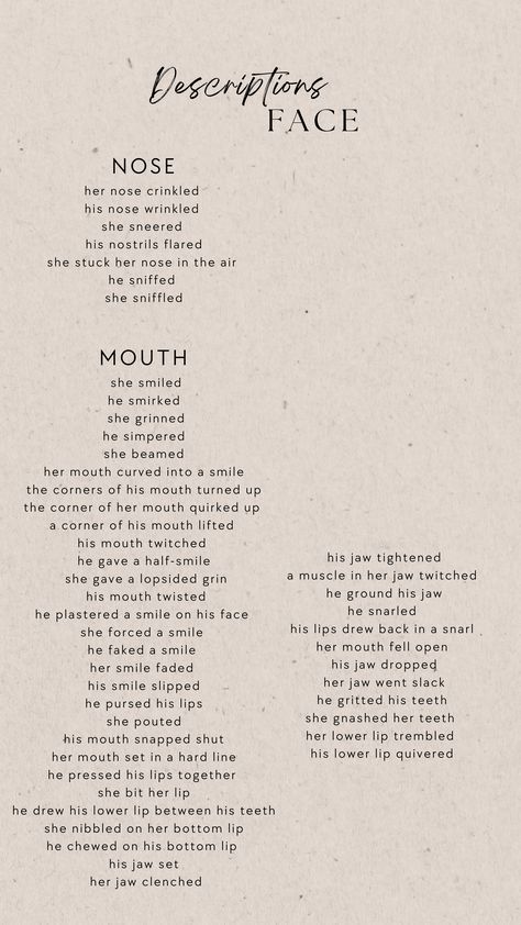 Mouth Description Writing, How To Make Your Writing More Descriptive, How To Write Descriptively, Describing Clothing Writing, How To Describe Worry In Writing, Quote Prompts Creative Writing, Describing Nervousness In Writing, Describing A Smile Writing, Smile Writing Prompts