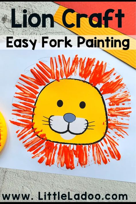 Fork-Painted Lion Craft - Little Ladoo Fork Lion Craft, Lion Art Kindergarten, Daniel In The Lions Den Craft Activities, Lion And The Mouse Craft, Lion Fork Painting Craft, L Is For Lion Craft, Lion And Lamb Crafts For Kids, The Lion And The Mouse Craft, Lion Craft For Preschool