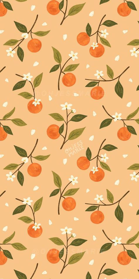 A cute print and pattern featuring digital illustrations of oranges on branches with leaves and orange blossoms. Kitchen decor | Oranges pattern | Botanical pattern | Home decor | Cute aesthetic pattern | Citrus art | Oranges art | Orange blossoms | Cute kitchen art | Surface design decor #pattern #surfacedesign #fruit Branches With Leaves, Images Hello Kitty, Affiches D'art Déco, Print And Pattern, Fruit Wallpaper, Simple Phone Wallpapers, Orange You Glad, Orange Wallpaper, Phone Wallpaper Patterns