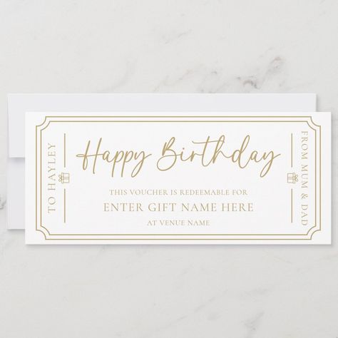 This birthday gift voucher design is the perfect way to give a gift of money or an experience. The "happy birthday" heading is an image that cannot be edited. All of the other text is fully editable. For more advanced customization of this design, simply select the "Customize It" button above. Birthday Gift Voucher, Birthday Voucher, Gift Of Money, Voucher Card, Gift Voucher Design, Voucher Design, Happy Birthday Gift, Gift Voucher, Happy Birthday Gifts