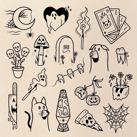 Spooky Tattoos Flashsheet, Halloween Tarot Cards Tattoo, Quirky Flash Tattoo, Funny Flash Art Tattoos, Tiny Halloween Tattoo Flash, Outline Halloween Tattoo, Halloween Cute Tattoo Ideas, Halloween Doodle Tattoo, 3x1 Tattoo Ideas