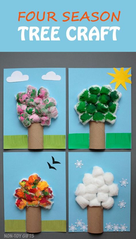 Four season tree craft for kids to make. Explore seasons: spring, summer, autumn and winter with this simple craft that uses paper rolls and cotton balls. Great for preschoolers and kindergartners and for the classroom. | at Non-Toy Gifts Season Tree Craft, Four Season Tree, Seasons Craft, Seasons Preschool, Season Tree, Letter Learning, Crafts By Season, Weather Crafts, Seasons Activities