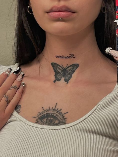 Women Throat Tattoo Small, Woman Neck Tattoo Ideas, Neck Tattoos Women Front Throat, Heart On Throat Tattoo, Under Throat Tattoo, Tattoo Throat Woman, Dainty Throat Tattoos For Women, Throat Tattoo Butterfly, Chest Tattoos Girls