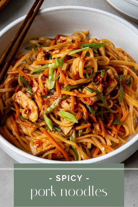 Ready in 15 minutes, these spicy pork noodles are a quick and easy weeknight dinner! If you like spicy noodles, you'll love this recipe. Shredding Recipes, Spicy Pork Noodles, Kay Nutrition, Bowl Meals, Korean Pork, Pork Noodles, Chop Sticks, Lo Mein Recipes, Asian Indian