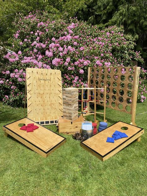 Giant lawn game rentals in Vancouver, BC, Canada. Beautiful designs. Giant Connect4, Giant Jenga, Corn Hole, Ladder Golf, Yardzee, Plinko. Lawn Games Diy, Yard Jenga, Yard Games Wedding, Giant Lawn Games, Giant Outdoor Games, Giant Yard Games, Ladder Golf, Party Rental Ideas, Cornhole Wedding