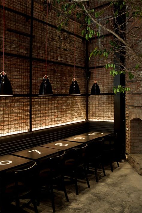 Tartinery Nolita - Caravaggio Black pendants Small Restaurant Design, Industrial Chic Decor, Industrial Restaurant, Gabion Wall, Bar Interior Design, Cafe Bistro, 카페 인테리어 디자인, Restaurant Lighting, Bar Interior