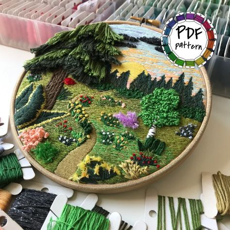 Forest Landscape 3d Embroidery Pattern. Hand Embroidery - Etsy Embroidery Beach, 3d Embroidery, Types Of Stitches, Embroidery Stitches Tutorial, Hand Embroidery Projects, Wooden Hoop, Hand Embroidery Pattern, Hand Embroidery Art, Sewing Embroidery Designs