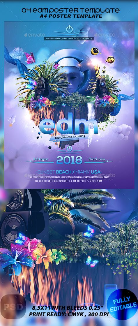 A4 EDM Poster Template. Print-templates Flyers Events. For better visibility a4, edm, edma, electro, fest, festival, party, poster, summer, and sunset. Festival Poster Design Events, Flyers Template Design, Tech Fest Poster, Edm Poster Design, Poster Music Festival, Party Poster Graphic Design, Edm Aesthetic Art, Event Design Poster, Songkran Festival Design