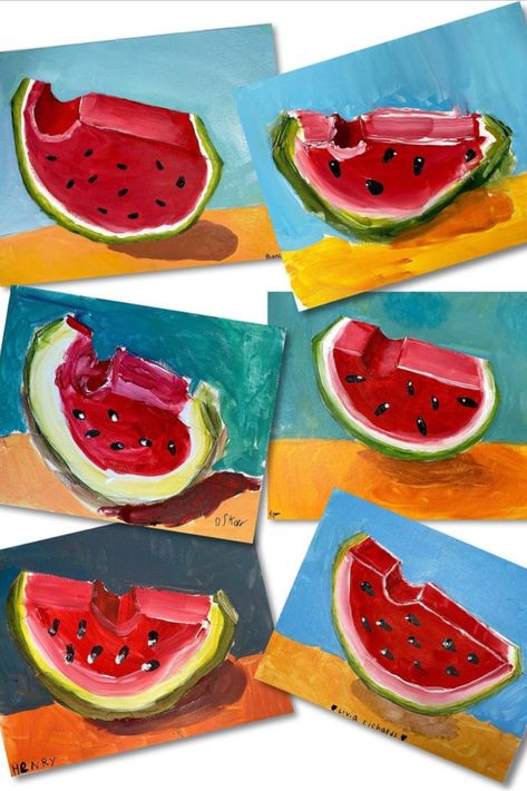 These watermelon paintings look sweet enough to eat. They were created by kids ages 6-13 at Art Spot Studio. The students learned about one point perspective, got to draw on the table, and practiced using rulers, mixed lots of paint colors, and had tons of fun! This is a great summer art project for kids! #summerart #watermelonpainting Learning Arts And Crafts For Kids, Summer Art Drawing Ideas, Summer Kids Painting Ideas, Summer Themed Art Projects, Middle School Summer Art Projects, Kids Summer Painting Ideas, Collaboration Art Projects For Kids, Summer Art Projects For Adults, Arts And Crafts For Kindergarteners