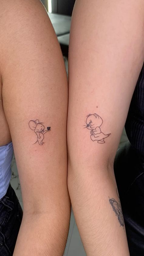 Best Friend Tattoos Man And Woman, Matching Tom And Jerry Tattoos, Brother N Sister Tattoos, Tom Jerry Tattoo Design, Duo Tattoo Ideas Sisters, Tom And Jerry Tattoo Couple, Forever And Ever Tattoo, Tom And Jerry Matching Tattoo, Tattoo Ideas Boyfriend