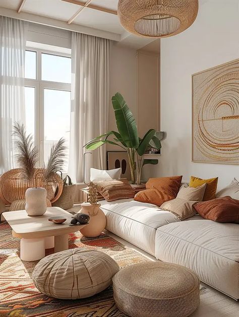 Minimalist Bohemian Living Room, Living Room Inspiration Board, Boho Style Living Rooms, Rustic Wooden Coffee Table, Boho Living Room Ideas, Light Colored Furniture, Earthy Living Room, Bohemian Living Room Decor, Boho Chique