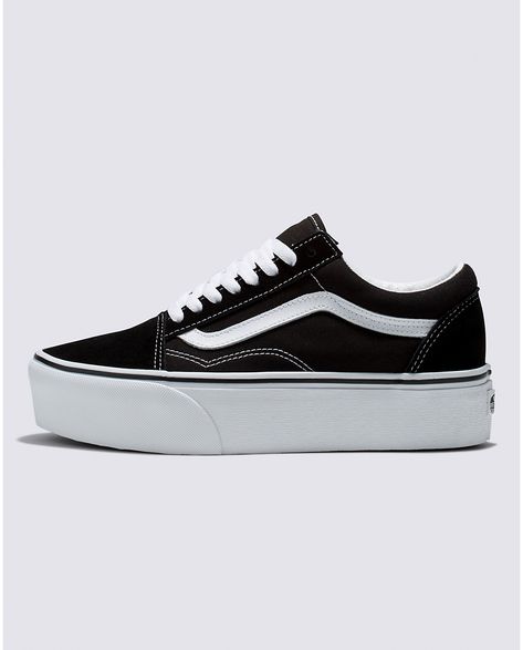 Vans | Old Skool Stackform Suede/Canvas Black/True White Shoe Platforms Aesthetic, Old Skool Stackform, Old Skool Platform, Platform Vans, Plaid Shoes, Sneak Attack, Vans Store, Black Platform Shoes, Embroidery Shoes