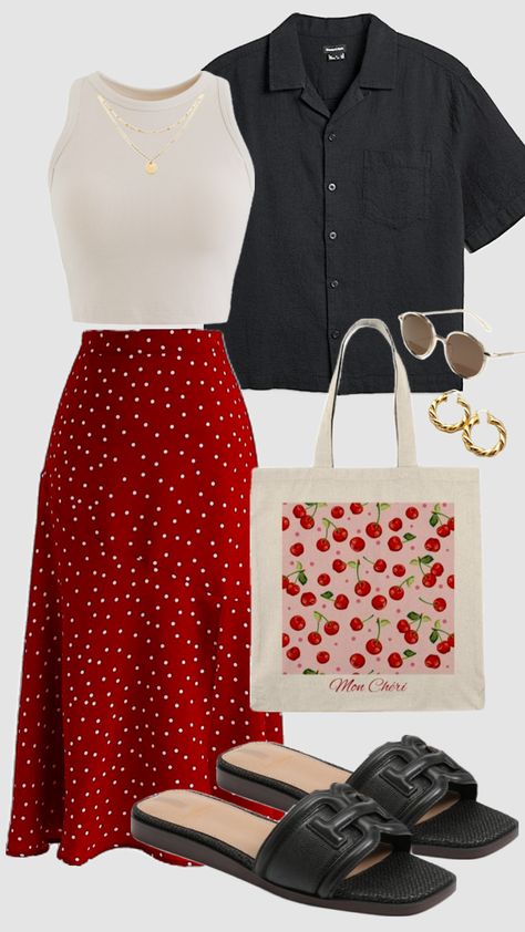 #redandblack #skirt #polkadots #cherry #fall #modestfashion #modesty #churchoutfit #summer #autumn #outfitideas #offwhite #schooloutfit #teacheroutfit #vintageaesthetic Cherry Outfit Ideas, Modest Winter Outfits, Casual Mom Style, Cottagecore Outfits, Happy Clothes, Cute Modest Outfits, Stylish Work Attire, Everyday Fashion Outfits, Cute Everyday Outfits