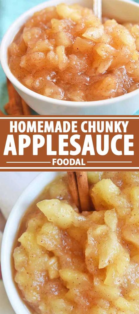 What side are you on: chunky or smooth? When it comes to applesauce, we like it chunky! Warm and fragrant, this homemade applesauce recipe features delicately mashed apples that will fill your home with the wonderful aroma of cinnamon and cloves. Learn how to make the recipe now. #applesauce #applerecipes #foodal Kos, Homemade Chunky Applesauce, Chunky Applesauce Recipe, Chunky Applesauce, Homemade Applesauce Recipe, Canned Applesauce, Homemade Applesauce Recipes, Applesauce Recipe, Apple Sauce Recipes