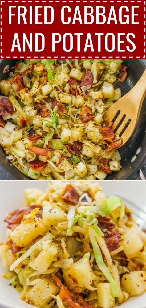 This is a really easy fried cabbage and potatoes recipe with crispy bacon. Only six ingredients and one pan needed. soup, recipes, rolls, pickled, steaks, boiled, sauteed, fried, casserole, salad, roasted, stuffed, cabbage and sausage, southern cabbage, kielbasa, healthy, vegetarian, sauteed #recipe #dinner #easyrecipe Easy Fried Cabbage, Fried Cabbage And Potatoes, Recipes Dinner Vegetarian, Cabbage Recipes Southern, Cabbage Recipes Healthy, Cabbage Casserole Recipes, Cabbage And Potatoes, Dinner Vegetarian, Cabbage And Sausage